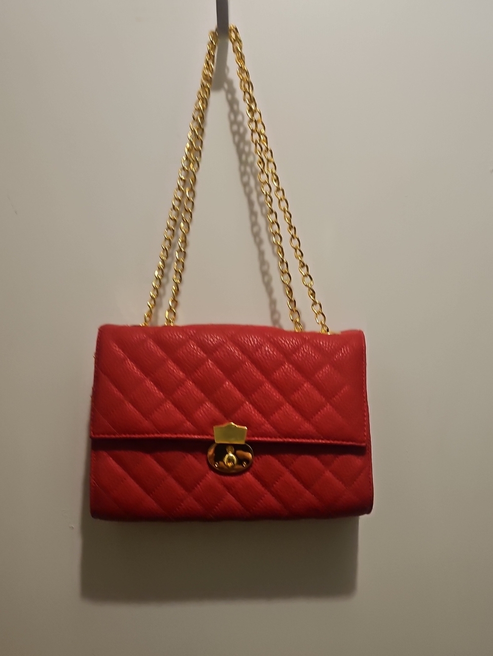 Red Quilted Shoulder Bag with Gold Chain
